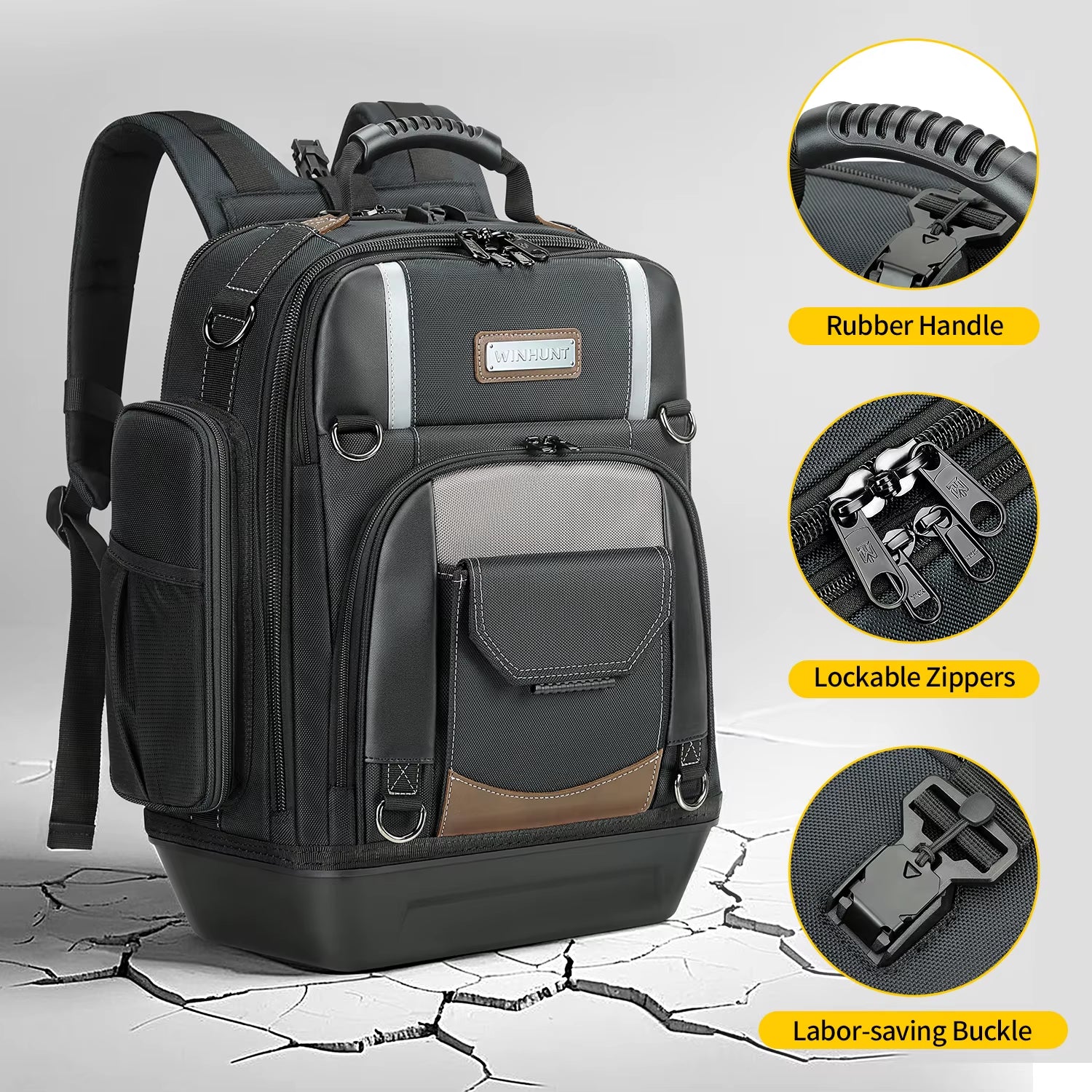 Professional Tool Backpack - Heavy-Duty Storage Bag with Multiple Compartments and Padded Straps in Black/Grey