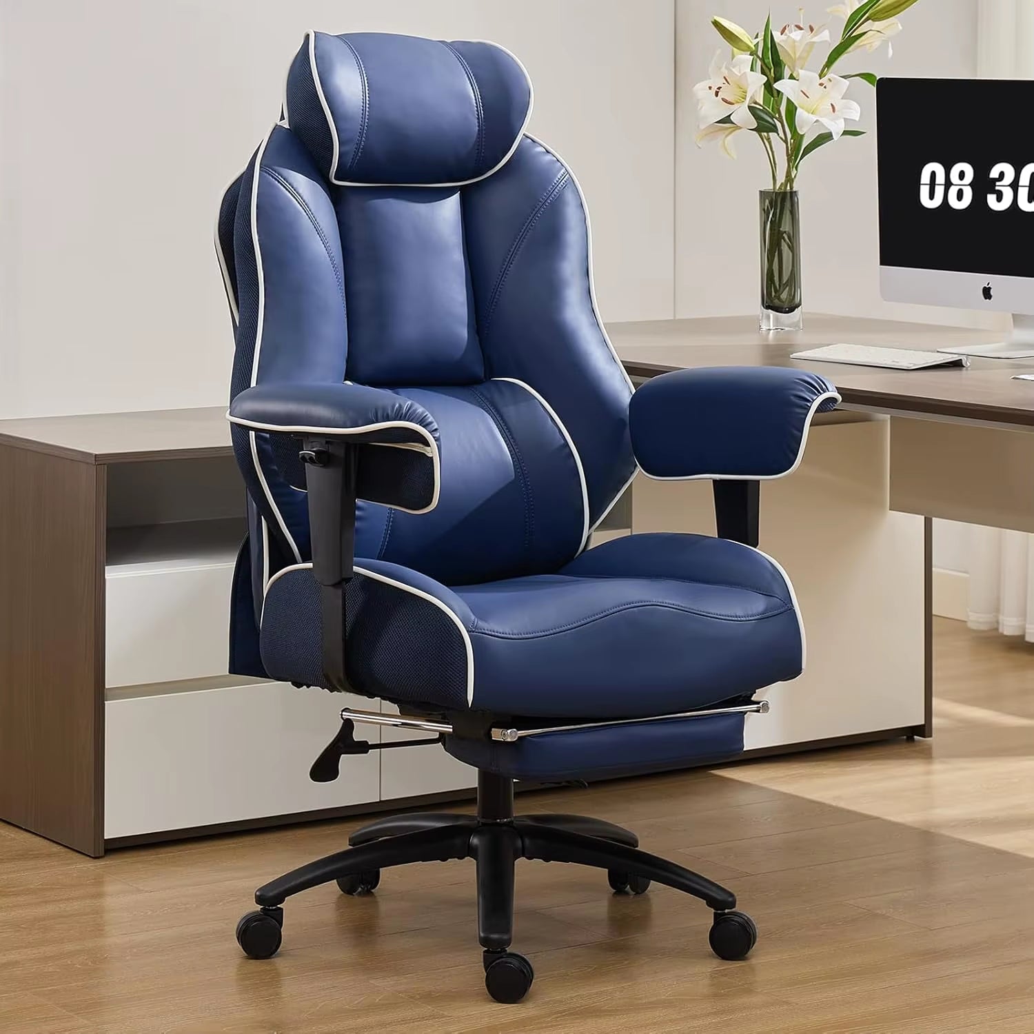 Big and Tall Ergonomic Executive Office Chair with Footrest and Lumbar Support, High Back PU Leather Design