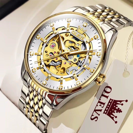 Men'S Watches Luxury Gold Skeleton Automatic Mechanical Wrist Watch for Man Waterproof Stainless Steel Luminous Business