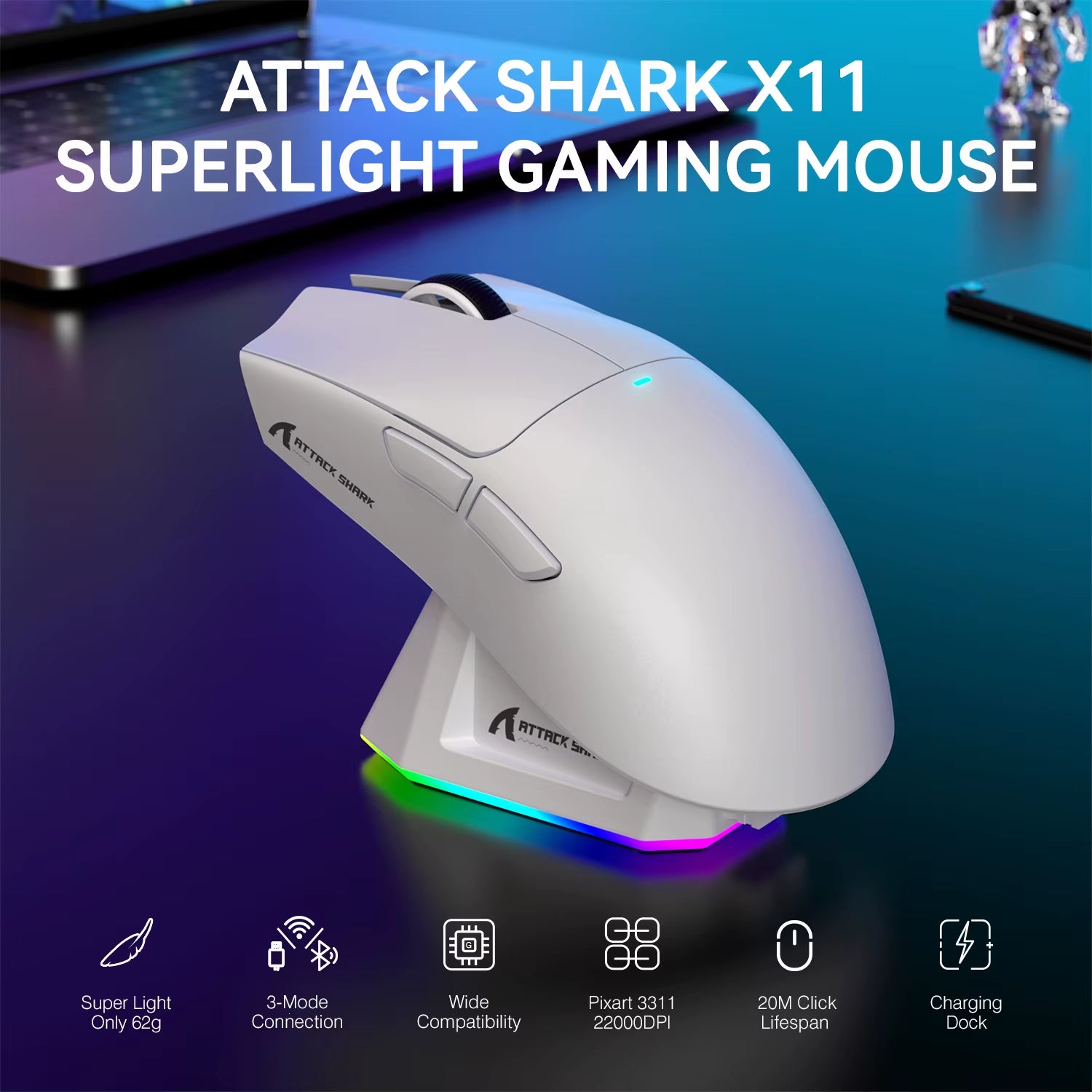 X11 Lightweight Wireless Gaming Mouse with RGB Backlight Charging, up to 22K DPI, PAW3311 Optical Sensor, HUYU Swit