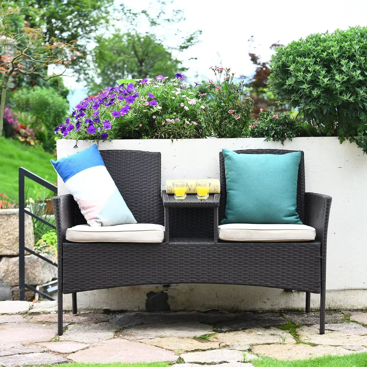 Outdoor Rattan Loveseat, Patio Conversation Set with Cushions & Table, Modern Patented Wicker Sofa Set With, Customized