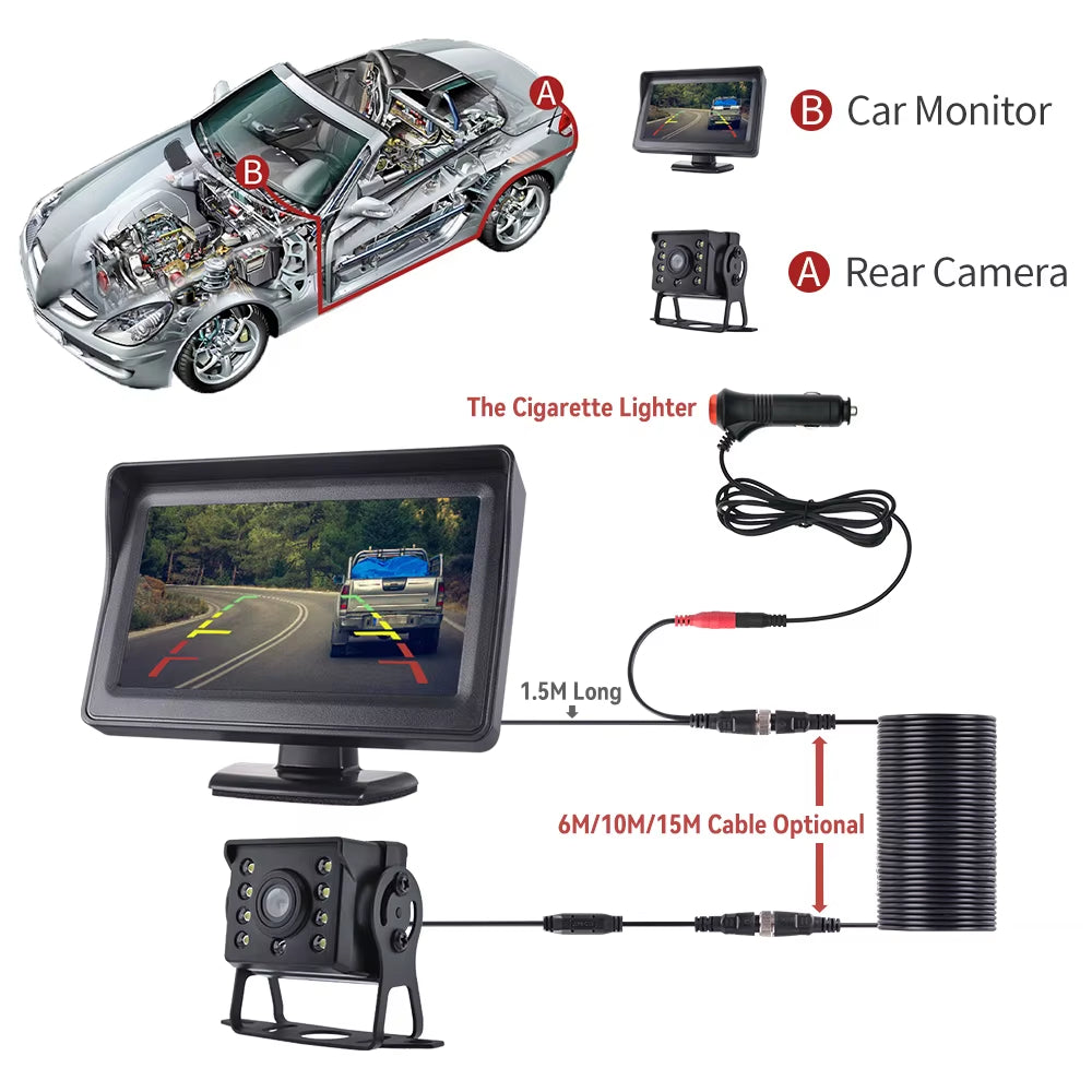 Car Rear View Camera with Monitor for Truck Parking 4.3" Screen HD Reversing Camera 12-24V Night Vision Easy Installation