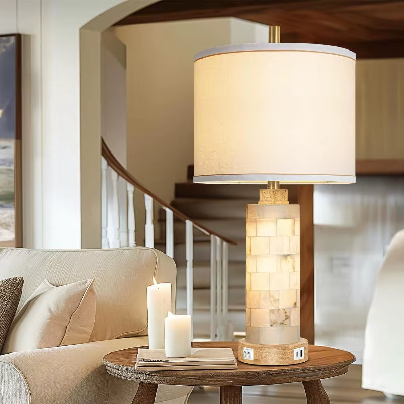 Natural Alabaster and Wood Table Lamp Set of 2 with Night Light Nightstand Lamps with USB Ports White Linen Fabric Shade Bedside