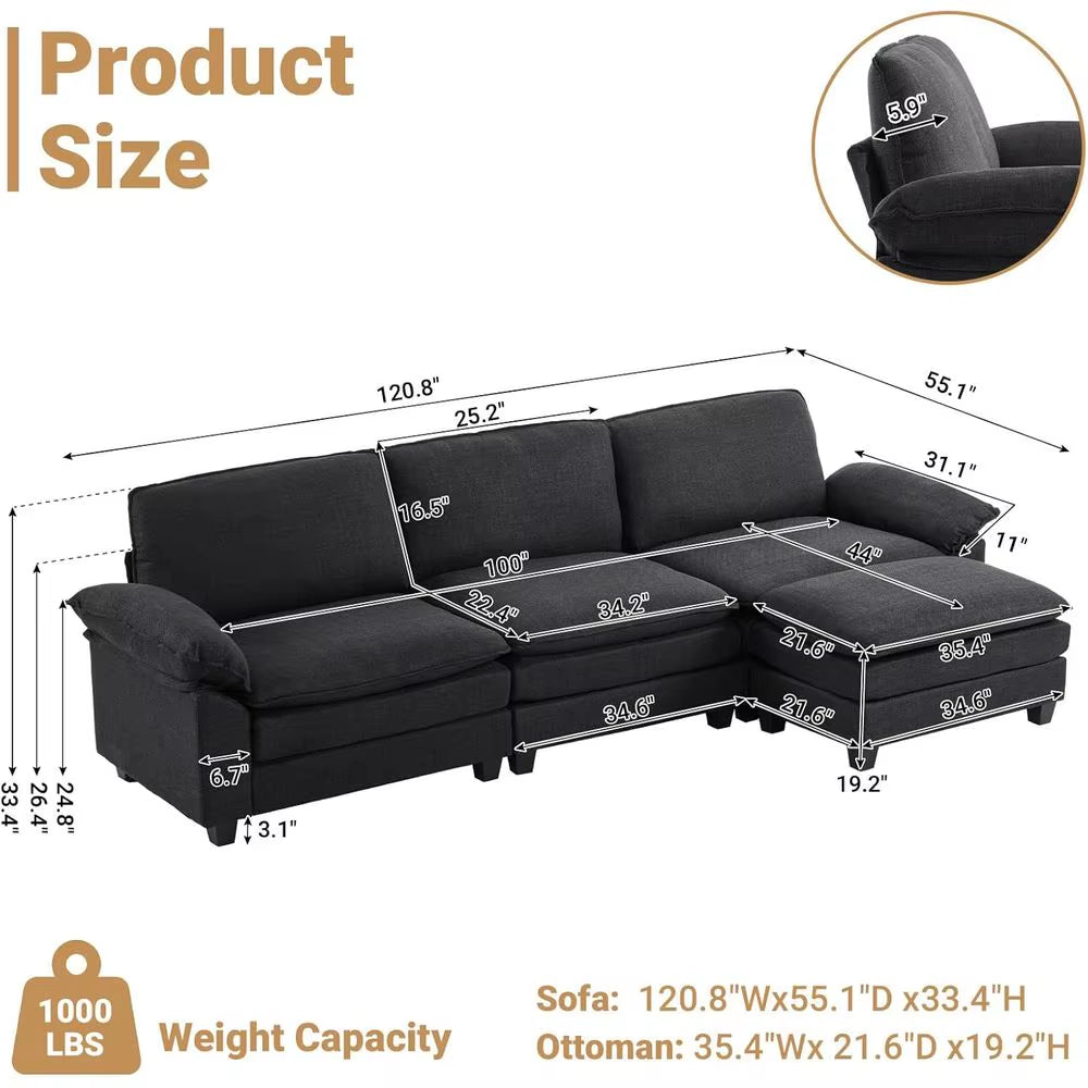 121" Cloud Couch, Comfy Modular Sectional Sofa Set for Living Room,Modern Linen 3-Seat Convertible Loveseat Sofa with 1 Ottoman