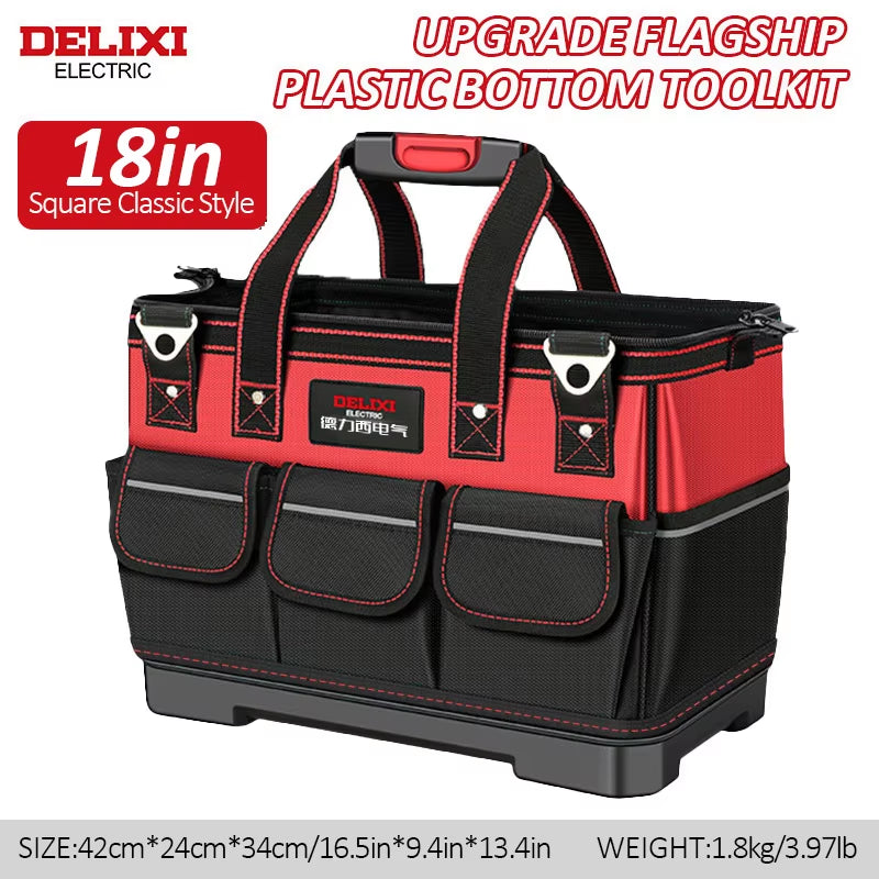 Delixi Professional Electric Tool Storage Bag with Wide Mouth Opening and Durable ABS Hard Molded Base, Ideal for Electricians, Plumbers, and Homeowners