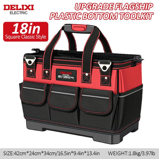 Delixi Professional Electric Tool Storage Bag with Wide Mouth Opening and Durable ABS Hard Molded Base, Ideal for Electricians, Plumbers, and Homeowners