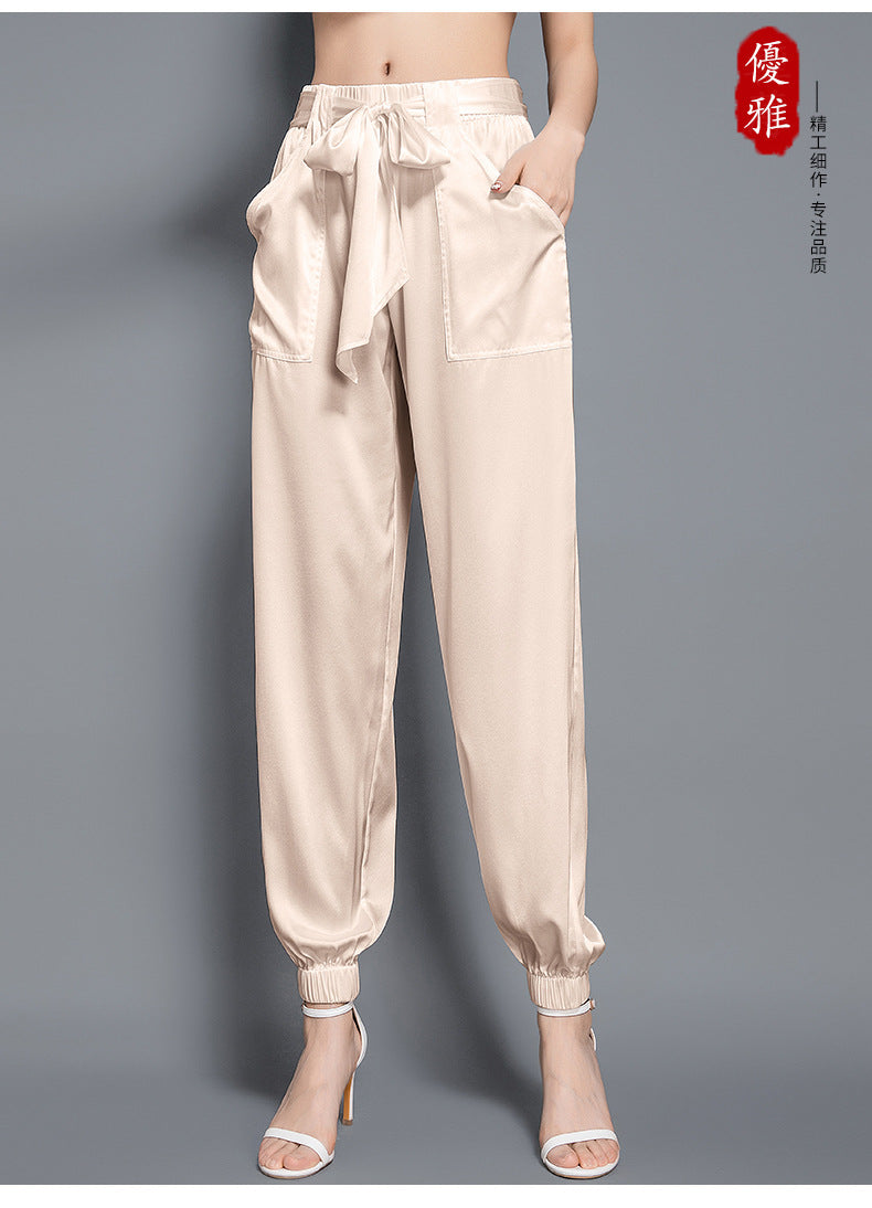 Birdsky, 1PC Women trousers bloomers pants pant bow belt high waist 19MM 95% real mulberry silk 5% spandex 3 colors, S-930