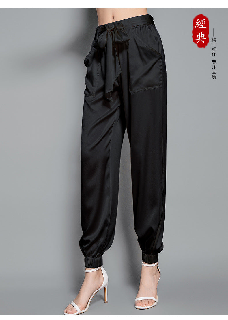 Birdsky, 1PC Women trousers bloomers pants pant bow belt high waist 19MM 95% real mulberry silk 5% spandex 3 colors, S-930