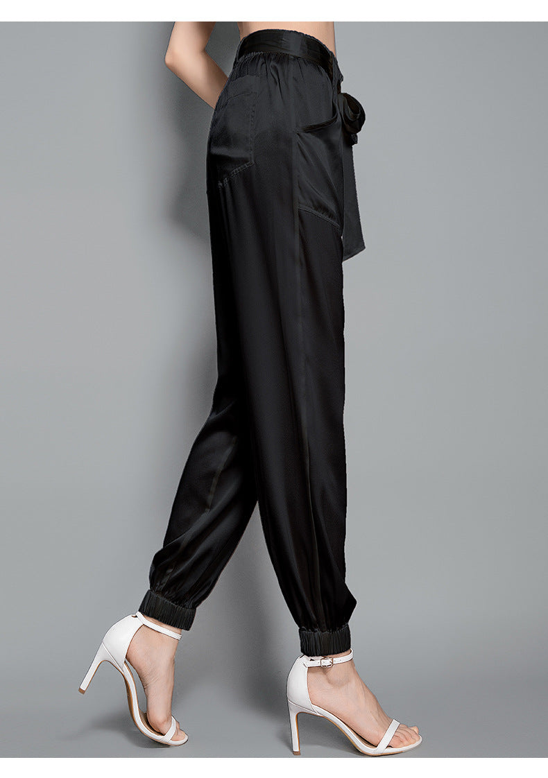 Birdsky, 1PC Women trousers bloomers pants pant bow belt high waist 19MM 95% real mulberry silk 5% spandex 3 colors, S-930