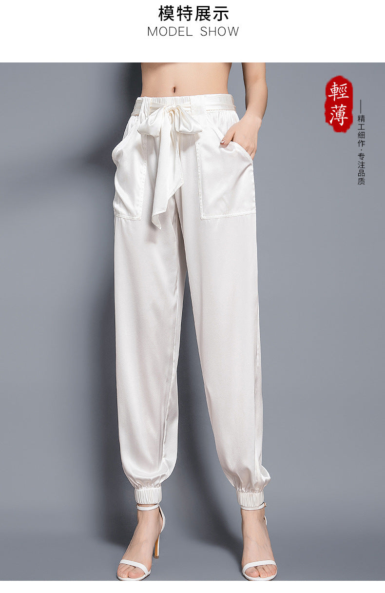 Birdsky, 1PC Women trousers bloomers pants pant bow belt high waist 19MM 95% real mulberry silk 5% spandex 3 colors, S-930