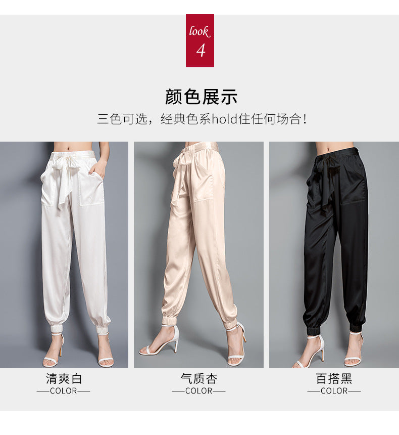 Birdsky, 1PC Women trousers bloomers pants pant bow belt high waist 19MM 95% real mulberry silk 5% spandex 3 colors, S-930