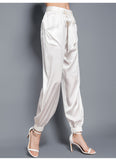 Birdsky, 1PC Women trousers bloomers pants pant bow belt high waist 19MM 95% real mulberry silk 5% spandex 3 colors, S-930
