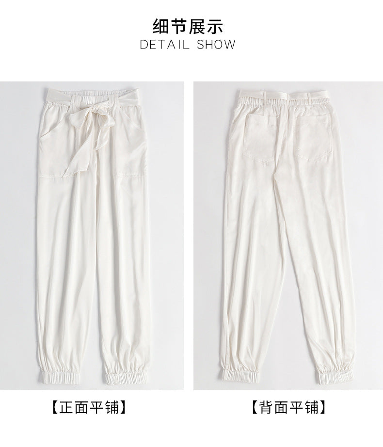 Birdsky, 1PC Women trousers bloomers pants pant bow belt high waist 19MM 95% real mulberry silk 5% spandex 3 colors, S-930