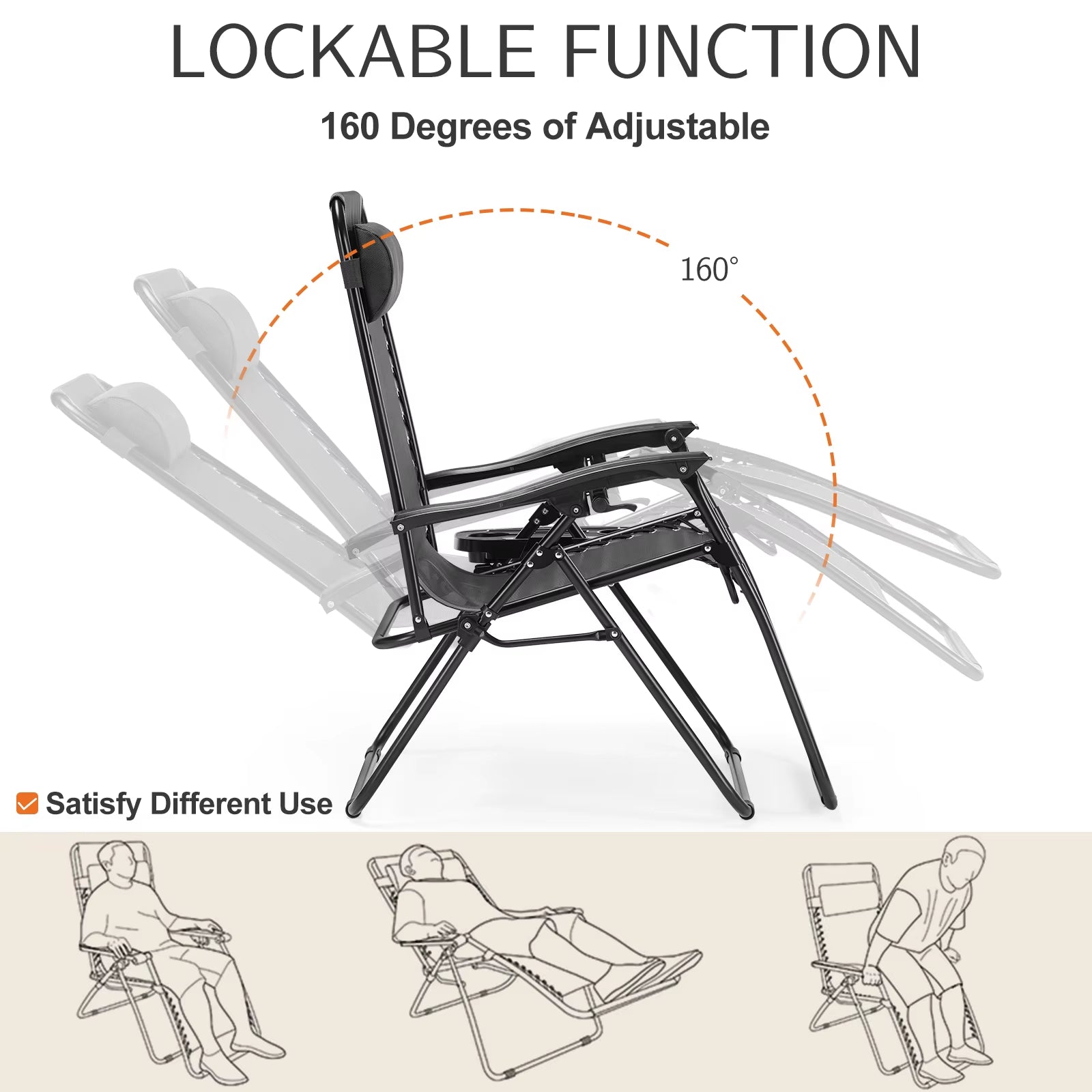 Zero Gravity Set of 2 Portable Recliner Camping Patio Outdoor Garden Lounge Chair with Cup Holder Trays Adjustable Pillow