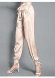 Birdsky, 1PC Women trousers bloomers pants pant bow belt high waist 19MM 95% real mulberry silk 5% spandex 3 colors, S-930