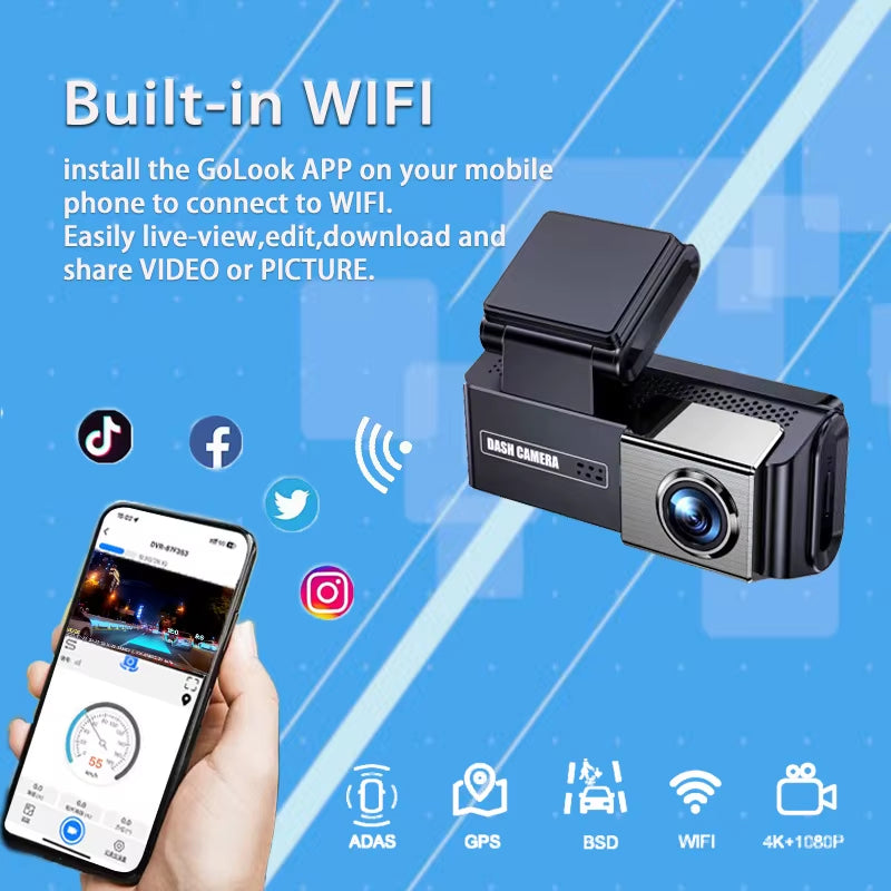 4K Dash Cam for Car Dvr Dual Lens Driving Recorder Car DVR 1080P Rear Lens Camera Built-In Wifi GPS Dashcam Black Box