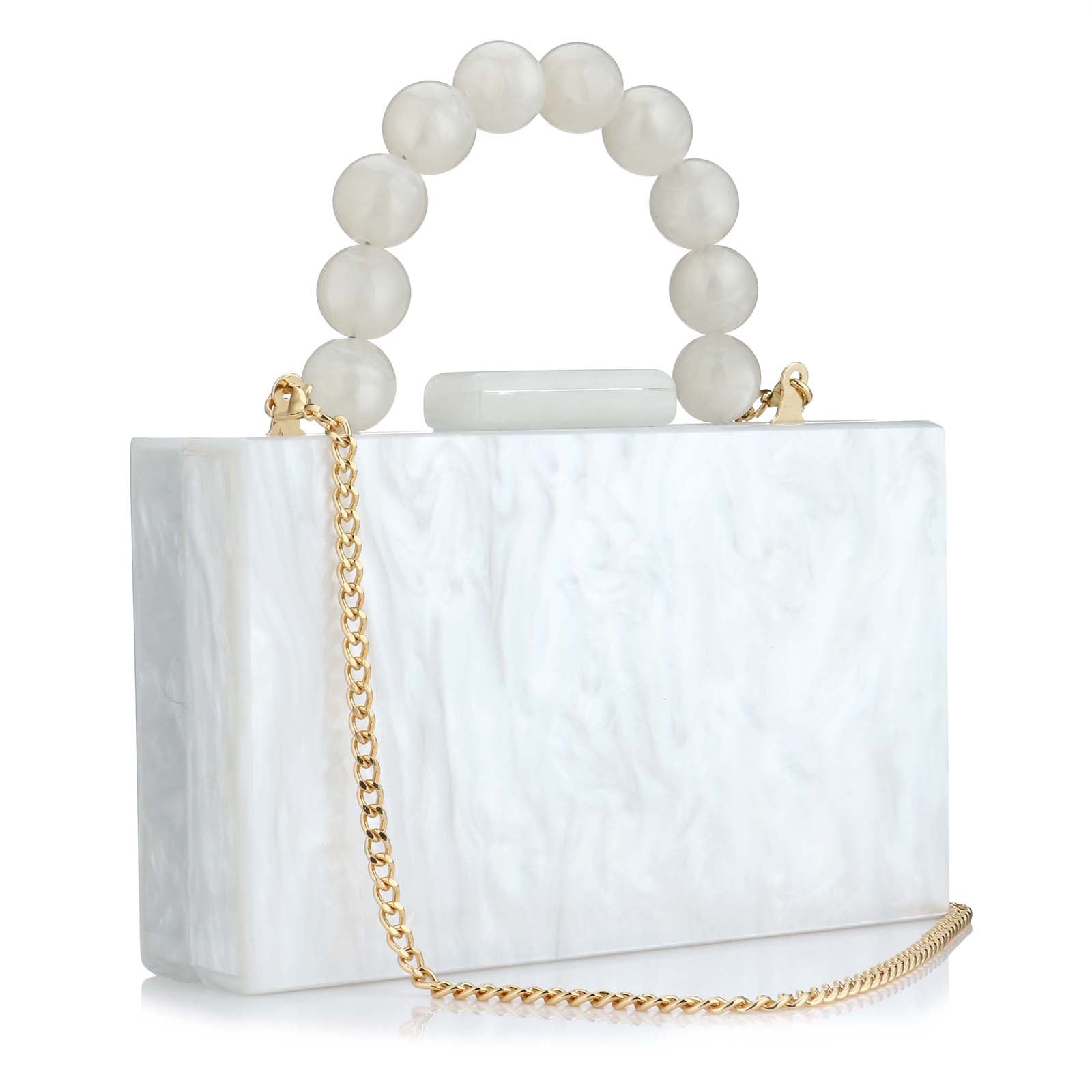 Women’s Luxury Acrylic Evening Bag Pearl Handle Crossbody Purse with Removable Chain Elegant Clutch for Cocktail & Formal Events Clear Acrylic Handbag with Pearl Handle & Chain