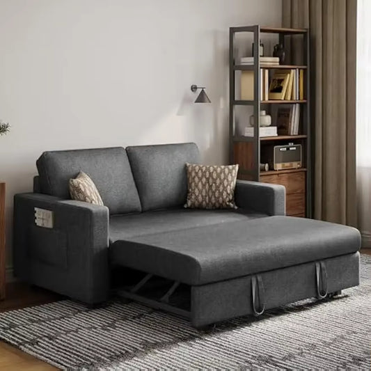 W/Pull-Out Trundle Bed Sleeper Sofa Convertible Couch for Limited Spaces Living Room Bedroom Guest Room Dark Gray 55.5 In