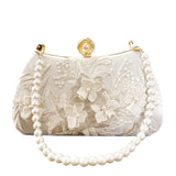 Fashion Pearl Chain Handbags Female White Embroidered Lace Flower Clutch Purse Crossbody Shoulder Party Wedding Prom Evening Bag