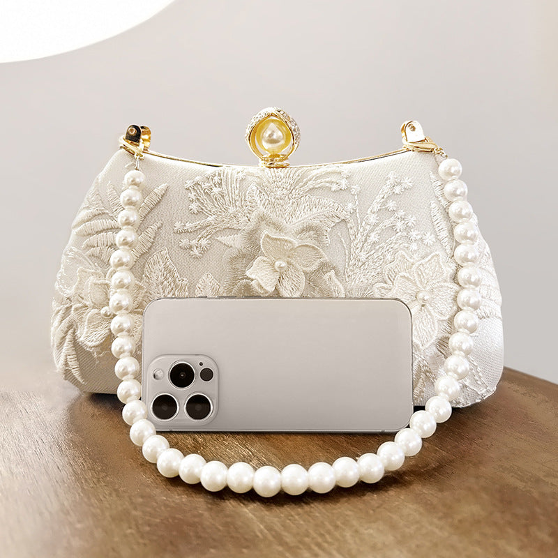 Fashion Pearl Chain Handbags Female White Embroidered Lace Flower Clutch Purse Crossbody Shoulder Party Wedding Prom Evening Bag