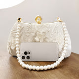 Fashion Pearl Chain Handbags Female White Embroidered Lace Flower Clutch Purse Crossbody Shoulder Party Wedding Prom Evening Bag