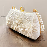 Fashion Pearl Chain Handbags Female White Embroidered Lace Flower Clutch Purse Crossbody Shoulder Party Wedding Prom Evening Bag