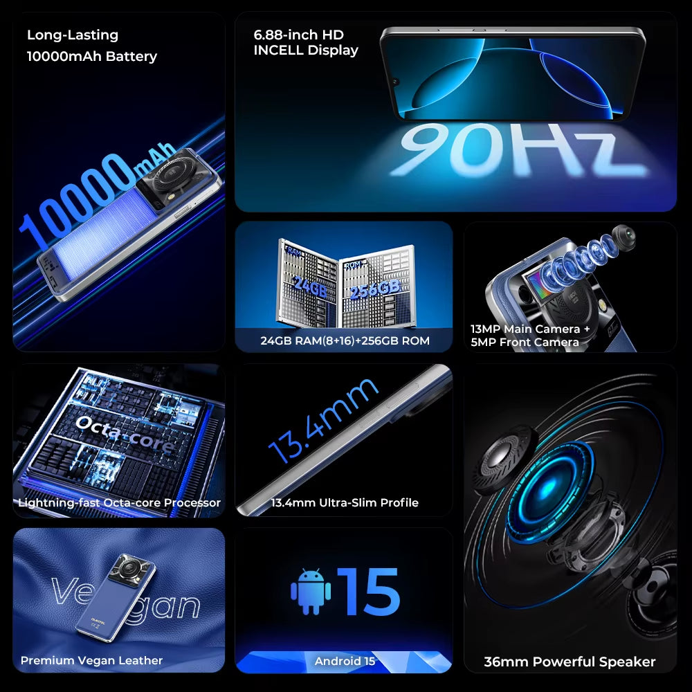 C60 PRO Smartphone with 10,000mAh Battery, 24GB RAM, 256GB Storage, 6.88" HD Display, 90Hz Refresh Rate, Android 15, 13.4Nm Processor, and 36mm Powerful Speaker