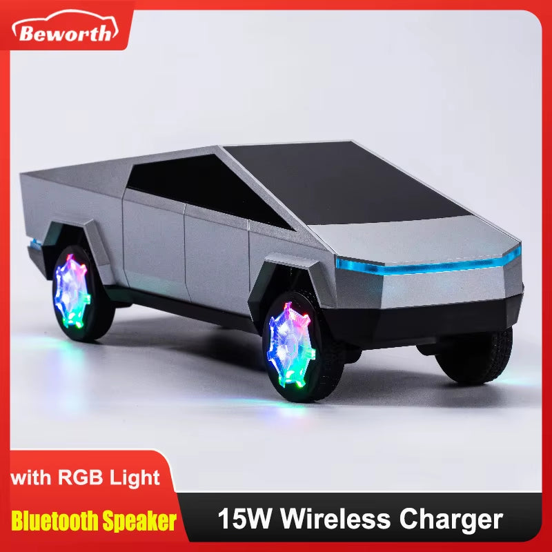 Tesla Car Shaped Wireless Bluetooth Speaker RGB Lights with 15W Wireless Charger Beautiful Car Model HIFI Stereo DJ Music Box