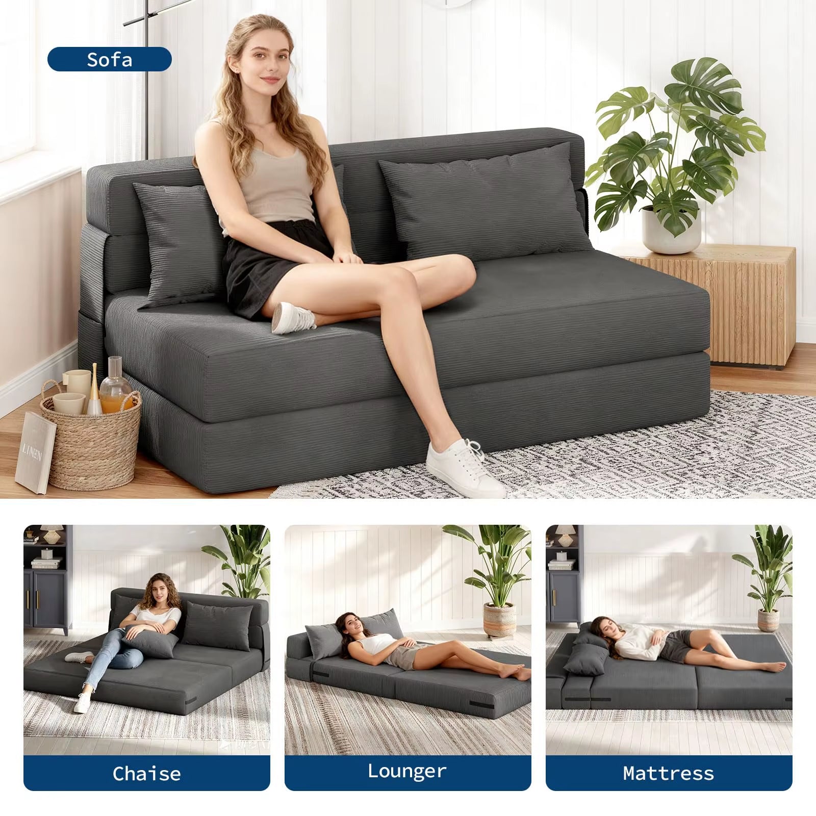 4-In-1 Folding Sofa Bed Convertible Sleeper Soft Corduroy Loveseat Couch with Pillow Space-Saving Fold Out Chair Bed for Room