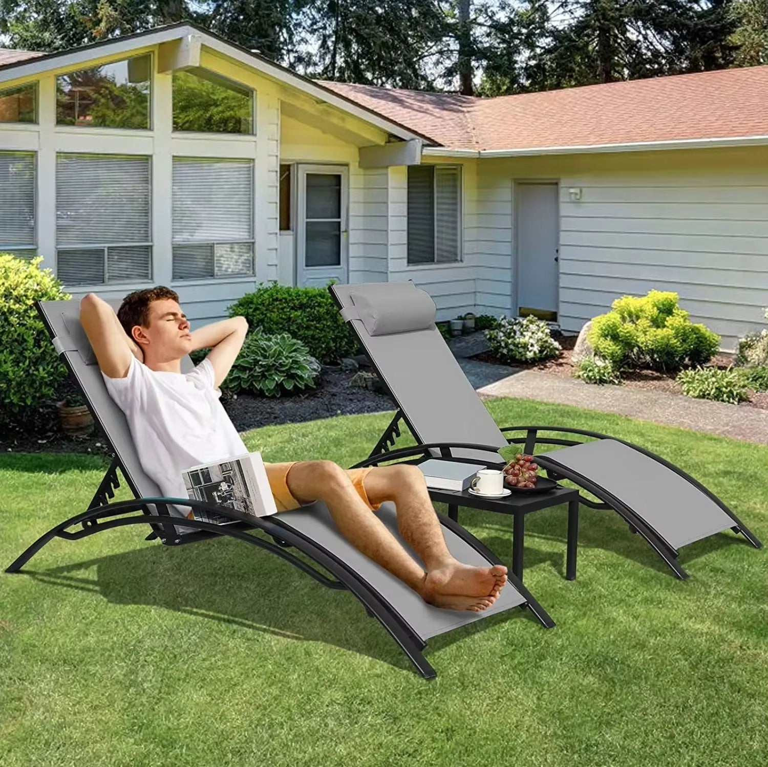 Aluminum Lounge Chair for outside with 5 Adjustable Positions+Table 3Pcs Chaise Outdoor for Pool, Garden,Beach,Camping,Backyard