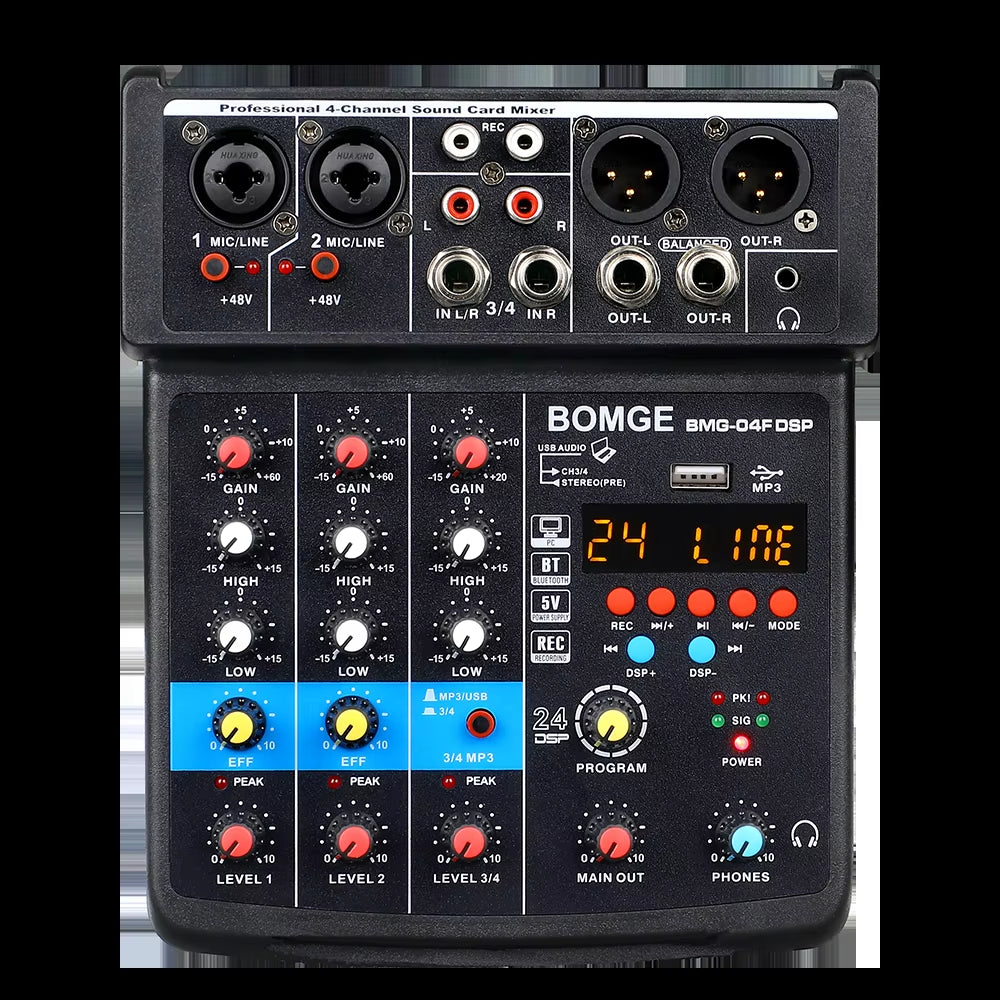B 4 Channel 24 DSP DJ Audio Sound Mixer Interface Mixing Console Desktop Karaoke with MP3 Input USB Bluetooth Input Stereo