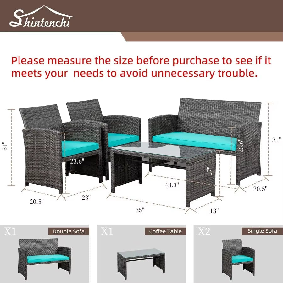 4Piece Outdoor Patio Rattan Furniture Set with Cushions and Tempered Glass Tabletop for Garden Deck or Balcony Durable Wicker C