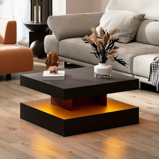 Black LED Coffee Table for Living Room, Living Room Table 2-Tier Square Middle Center Table, Modern Coffee Tables with Storage