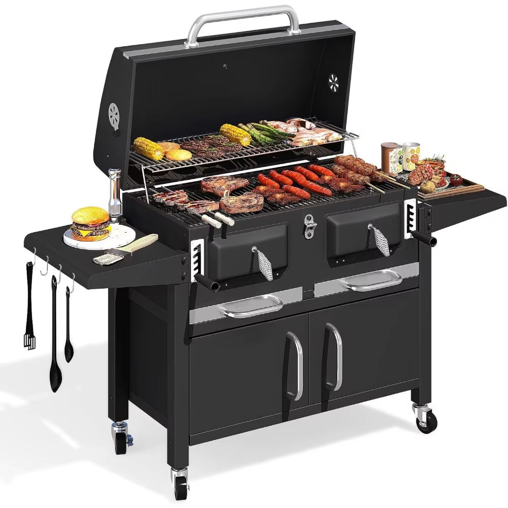 36 in Extra Large Charcoal Grill - 620 Sq.In Oversized BBQ Area with Thermometer & Individual Lifting Charcoal Trays, Storage C