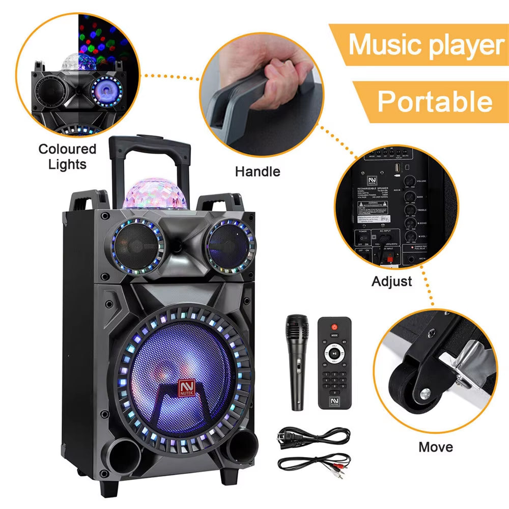 12" Portable Bluetooth Speaker Loud Subwoofer Heavy Bass Party FM DJ LED AUX USB TF Wiith Microphone and Remote