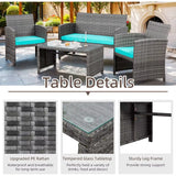 4Piece Outdoor Patio Rattan Furniture Set with Cushions and Tempered Glass Tabletop for Garden Deck or Balcony Durable Wicker C
