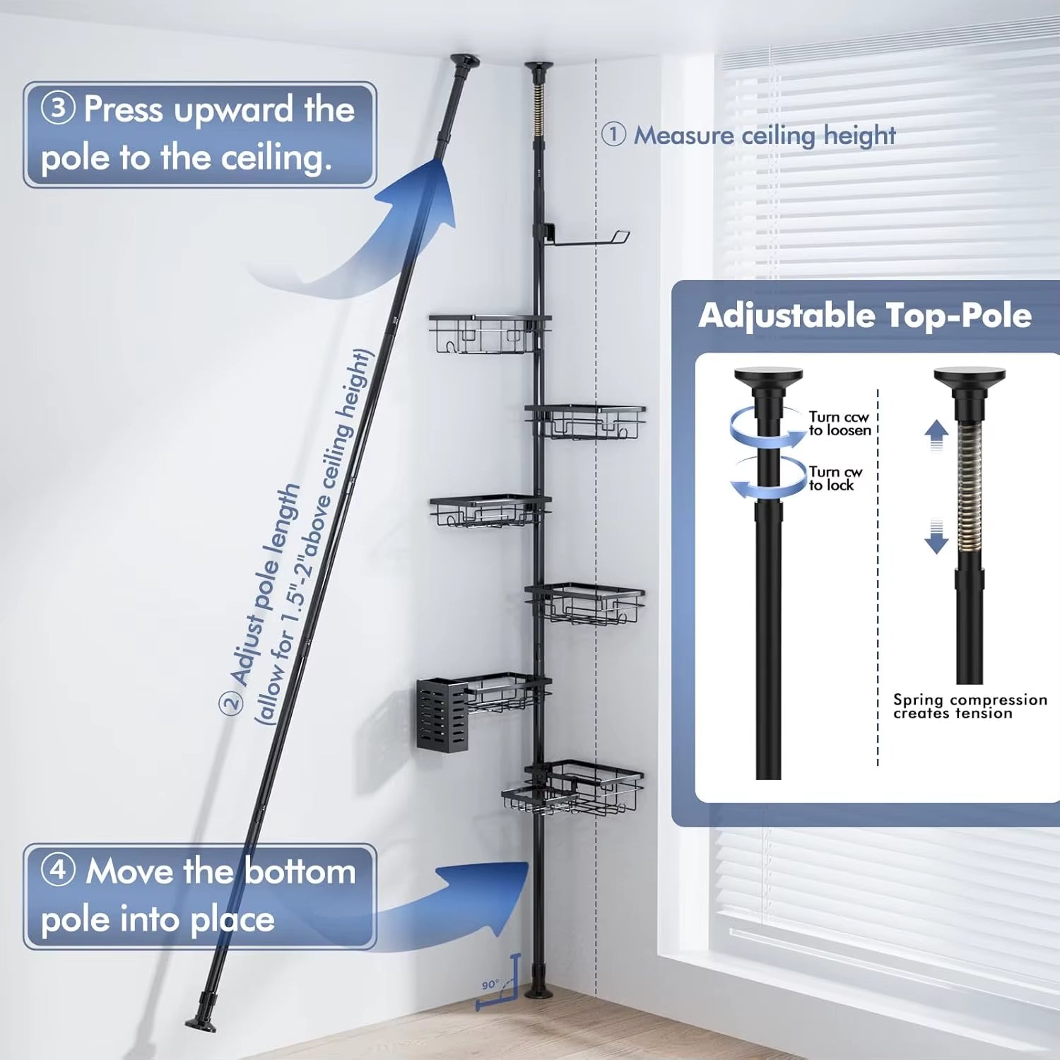 Adjustable Shower Caddy Organizer, Rustproof 6-Pack Corner Shelf with Towel Bar & Soap Dish for Bathroom Storage, Black