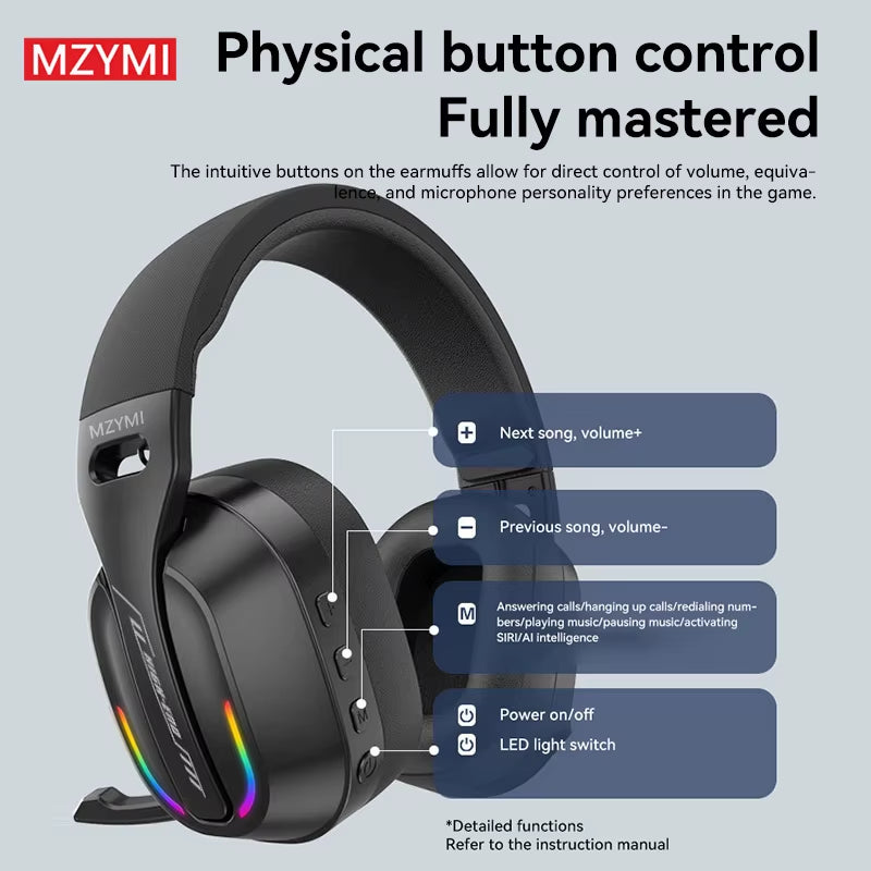 MZYMI Foldable over Ear Headset B500 RGB Wireless Gaming Earphone Low Latency Outdoor Sport Headphone Built-In Mic for PC