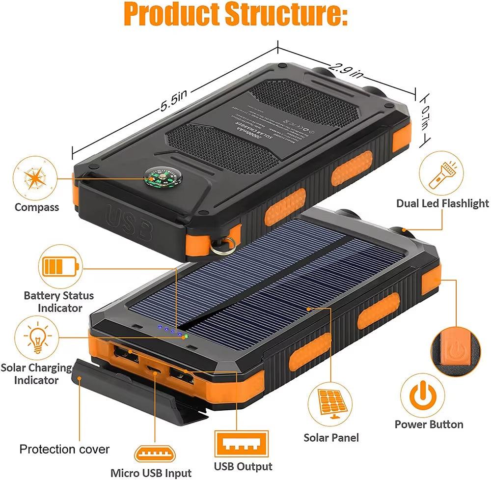 New Solar Power Bank 100000Mah Portable Charging Powerbank External Battery Charger Strong Light LDE Light for All Smartphones