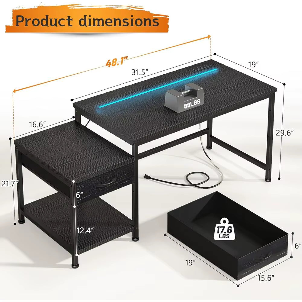 48.1-Inch LED-Illuminated Gaming Desk with Power Outlets and Storage, Reversible Design for Versatile Use in Compact Spaces or Dormitories