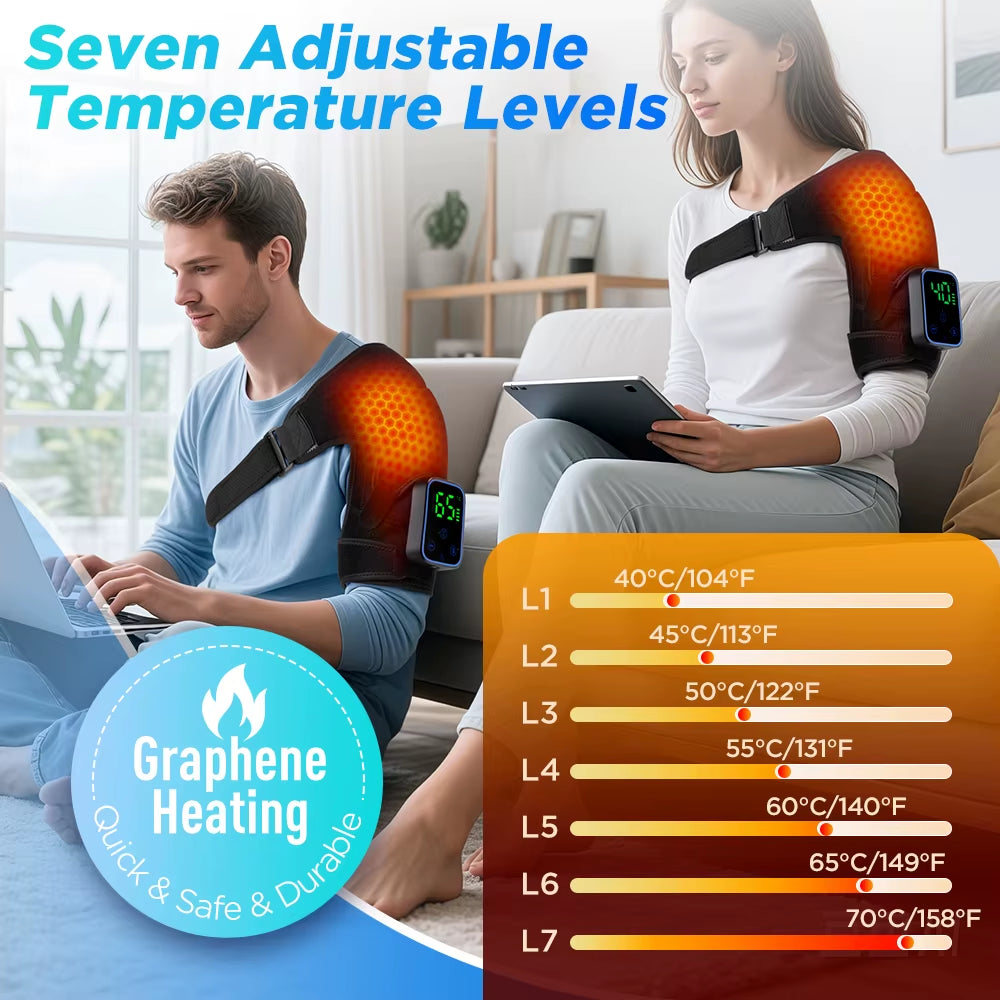 Wireless Shoulder Massager Pad Wrap App-Controlled Graphene Heating 7 Temp Levels 3 Vibration Modes 3 Timers LCD Muscle Relax