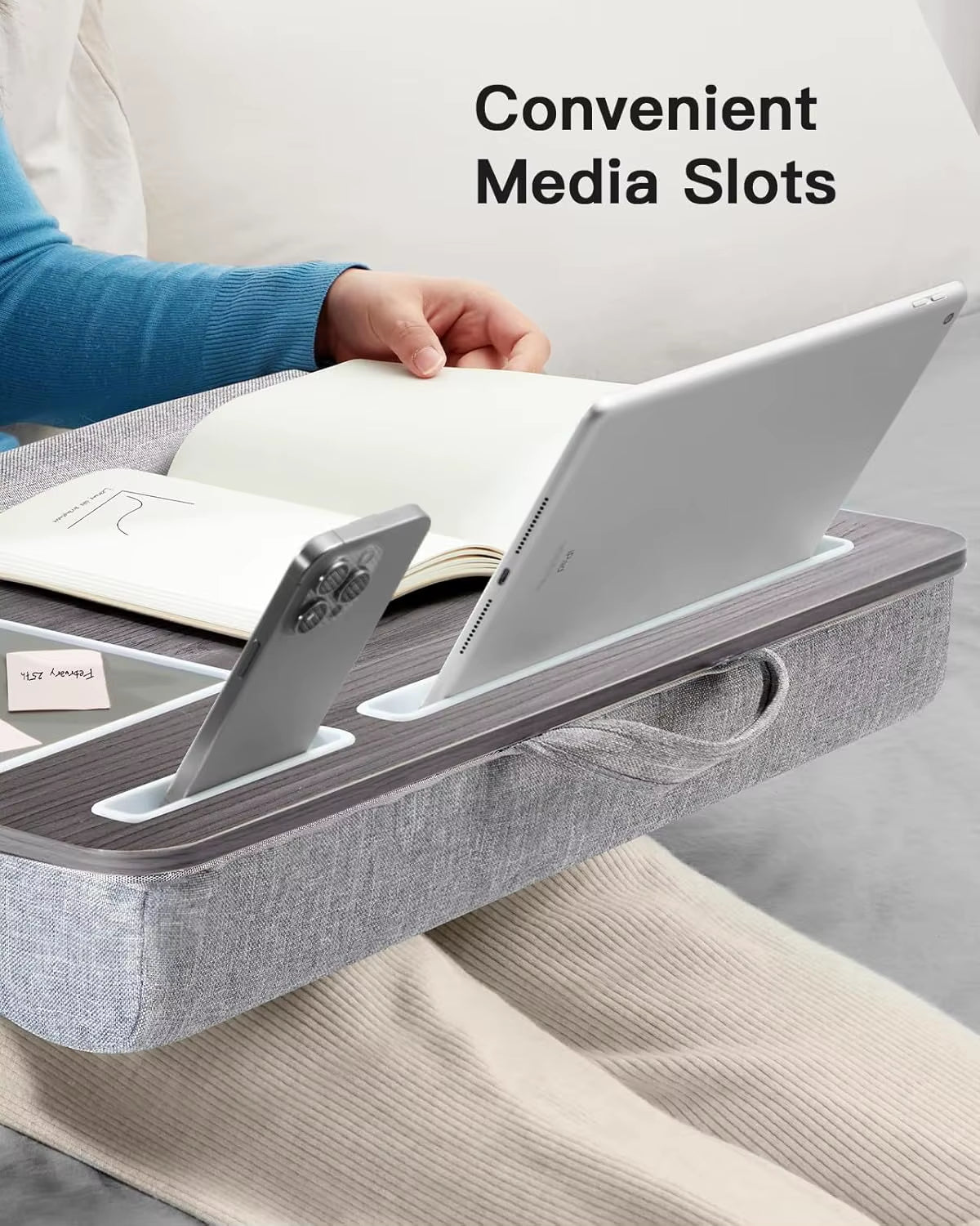 Portable Lap Desk for 17-Inch Laptops with Integrated Mouse Pad, Wrist Support, and Tablet/Phone Holder in Black Woodgrain Finish