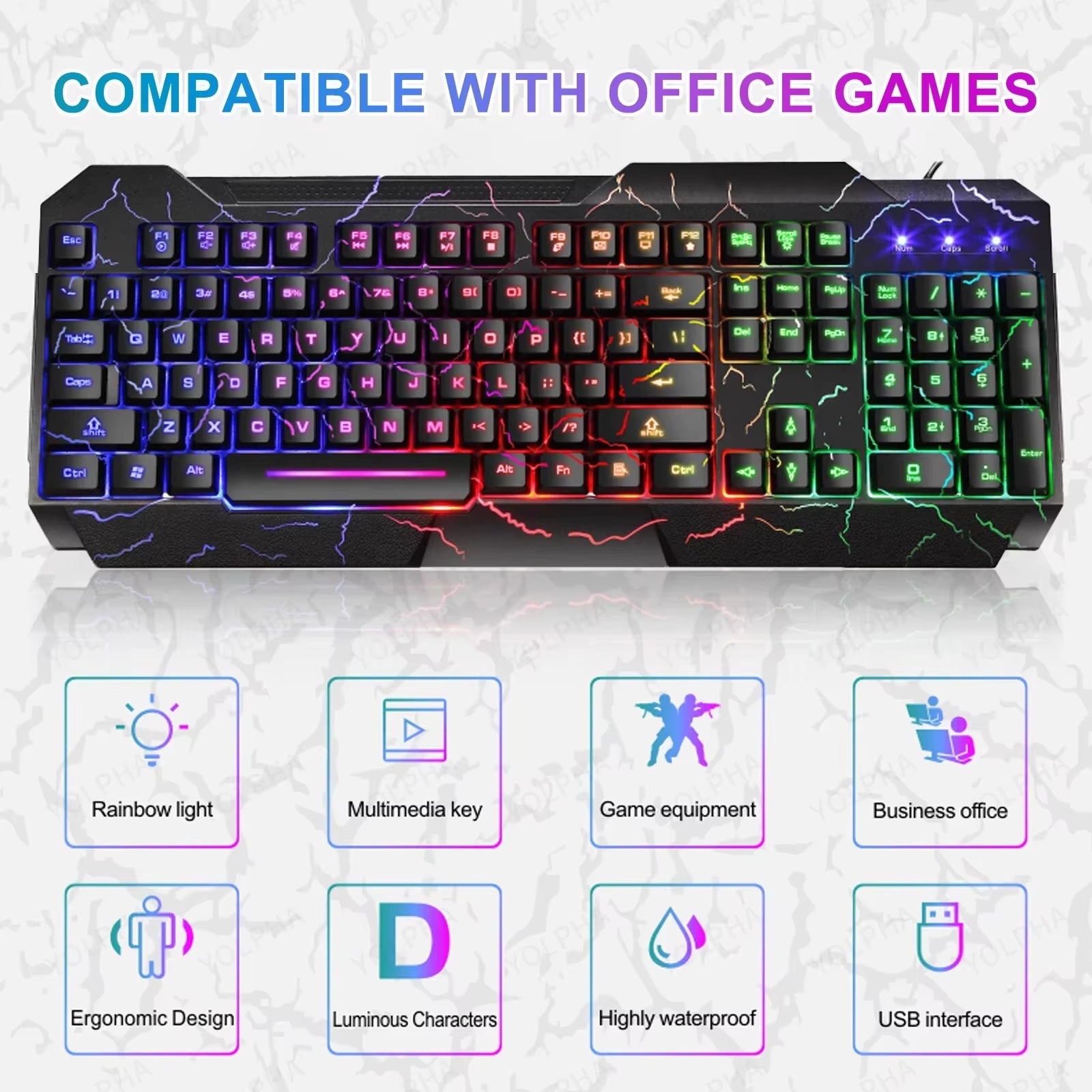 Rainbow Glow Gaming Keyboard & Mouse Set, Backlit, Ergonomic, Mechanical Feel