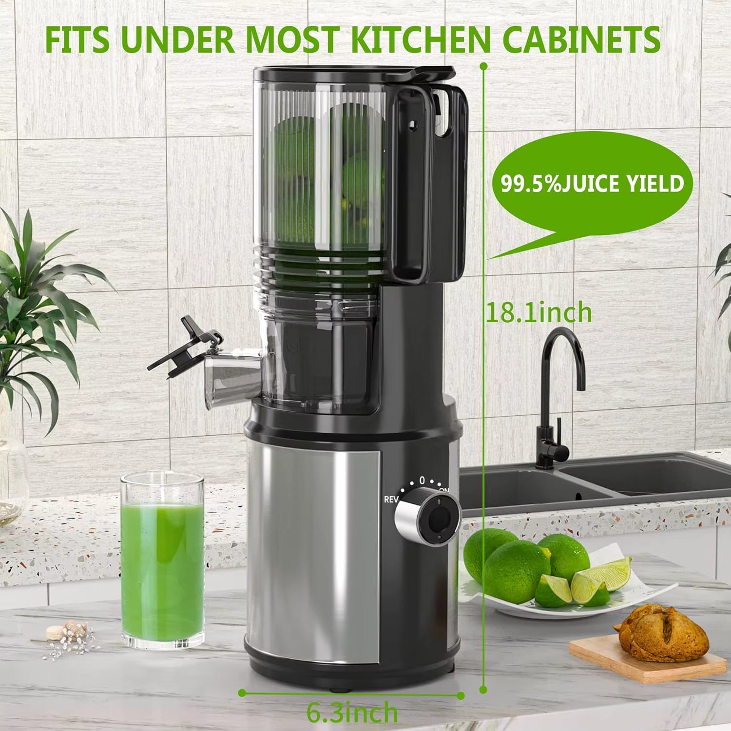 6.5" Large Feed Chute Electric Slow Masticating Juicer, 350W for Whole Fruits and Vegetables, Easy Clean Assembly