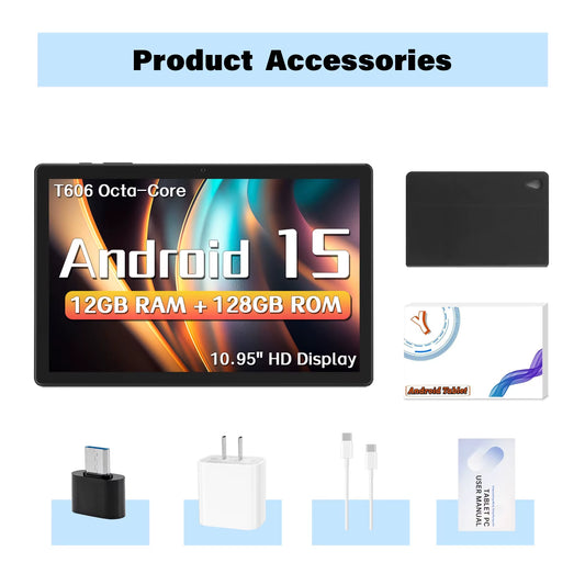 2025 Android 15 Tablet, 12GB RAM, 128GB Storage with 1TB Expandable Memory, 10.95-Inch Display, Octa-Core Processor, Dual Cameras, 8000mAh Battery with 18W Fast Charging