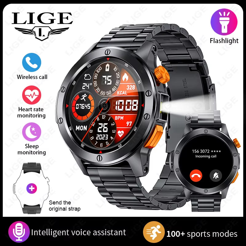 Sports Smart Watch Men LED Flashlight IP68 Waterproof Bluetooth Call Health Watches Voice Assistant Military Smartwatch Men