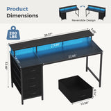 Adjustable Gaming Computer Desk (40-47 Inches) with 4 Storage Drawers, Integrated Power Outlets, and LED Lighting for Home Office Use