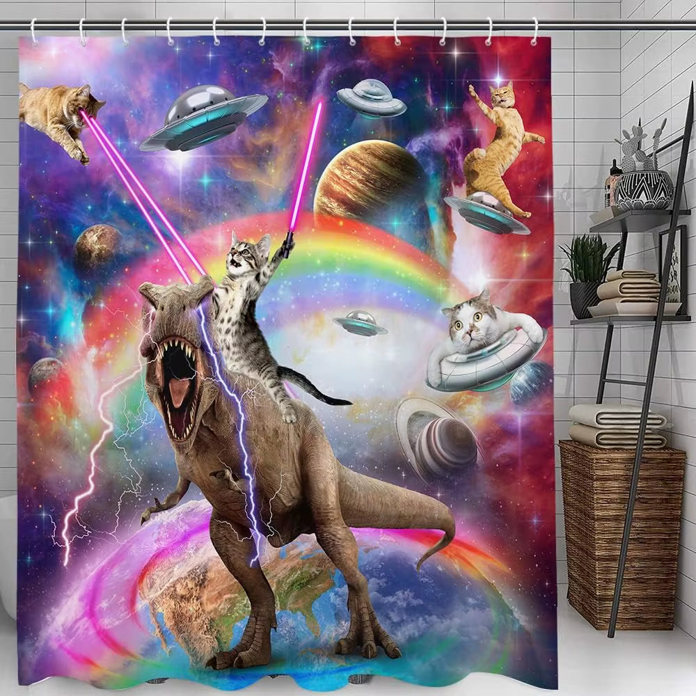 Funny Cat Shower Curtain Boys Kids Bathroom Decor, Cool Riding Dinosaur on Fantasy Galaxy Hilarious Curtain, Funky Outer Space