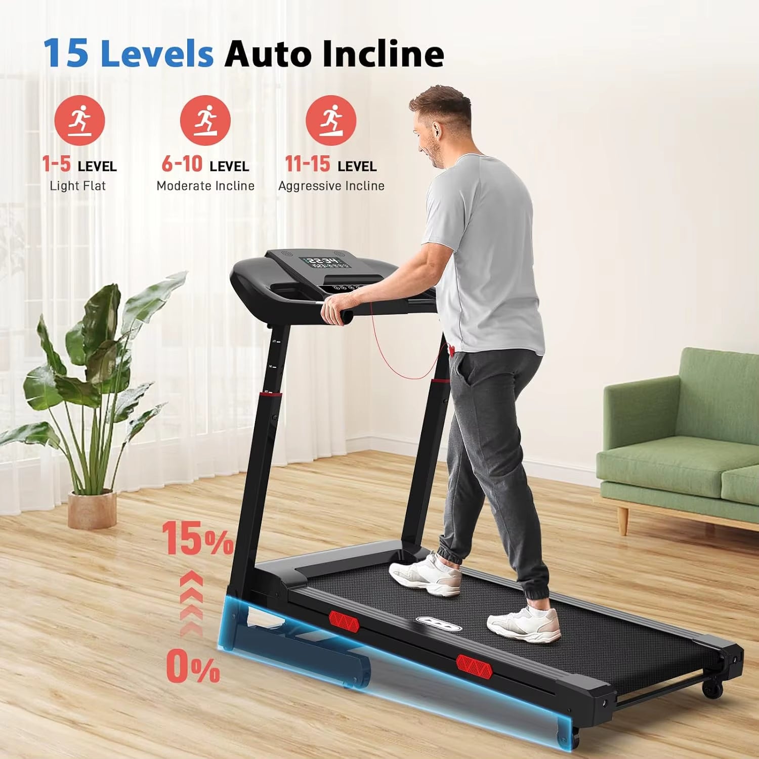 Auto Incline Treadmill with 400 Lbs Capacity - Foldable Running Machine for Home with APP, Voice Control and Speaker - 8.7 MPH