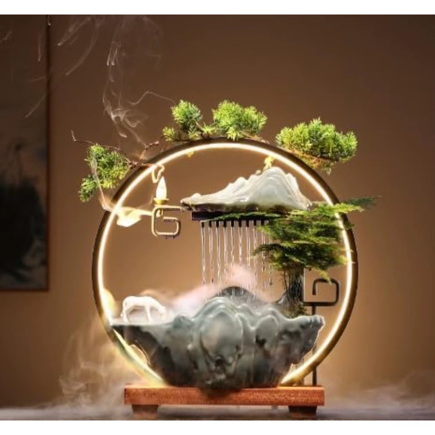 Tabletop Water Fountain Indoor Waterfall with round Led Light & Mist Maker and Incense Holder for Home Office Decor for Good Luck